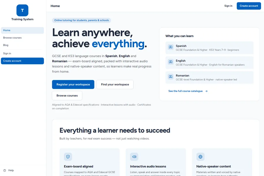 Homepage of the on.training website